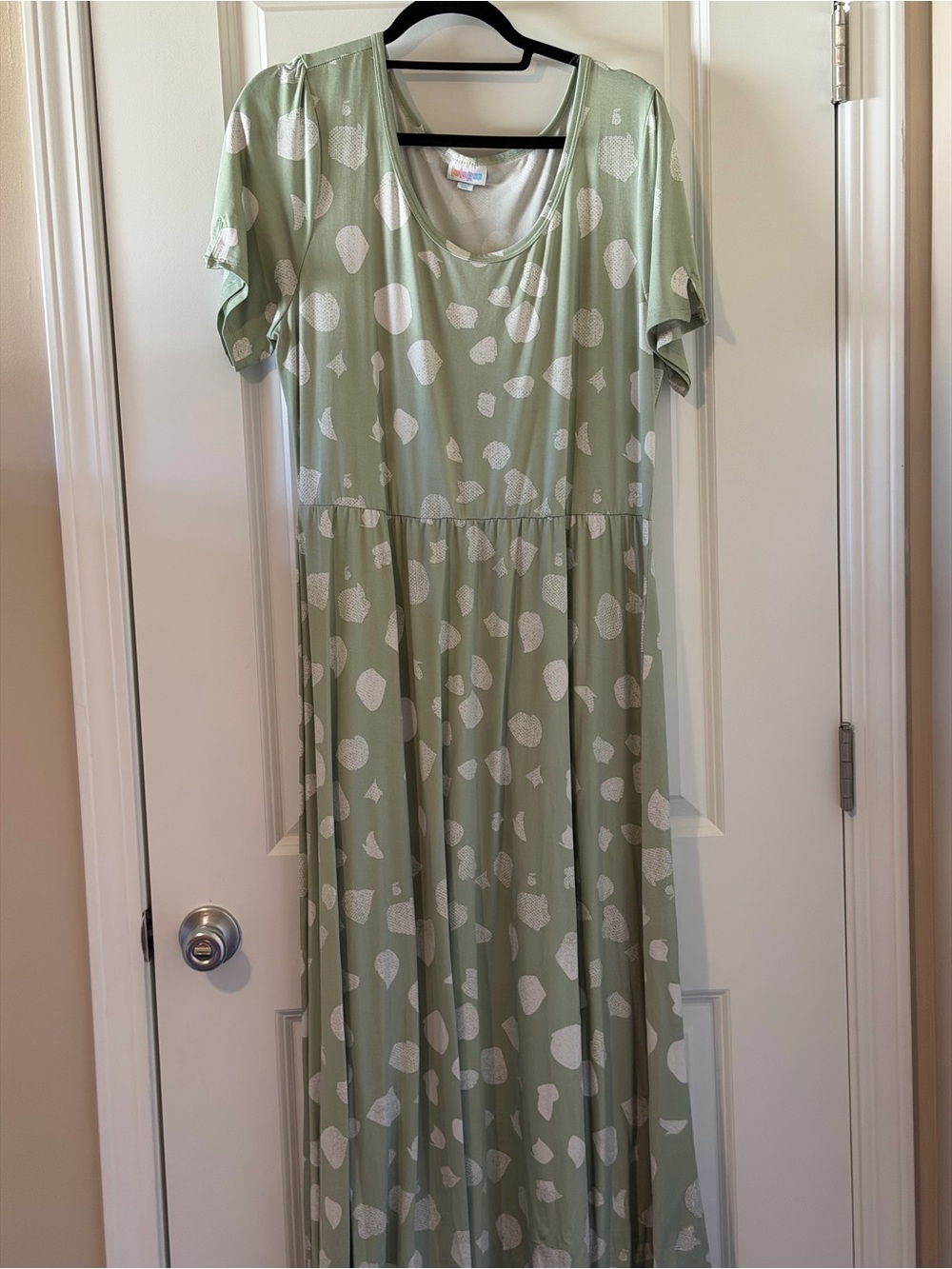 LuLaRoe Sage Green Short-Sleeve Midi Dress with White Abstract Spots